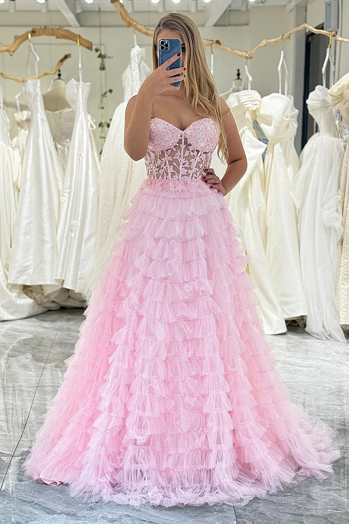 Pink Tulle A Line Open Back Layered Lace Long Prom Dresses, Pink Lace Lwt Dress Pink Tulle A Line Open Back Layered Lace Long Prom Dresses, Pink Lace Lwt Dress