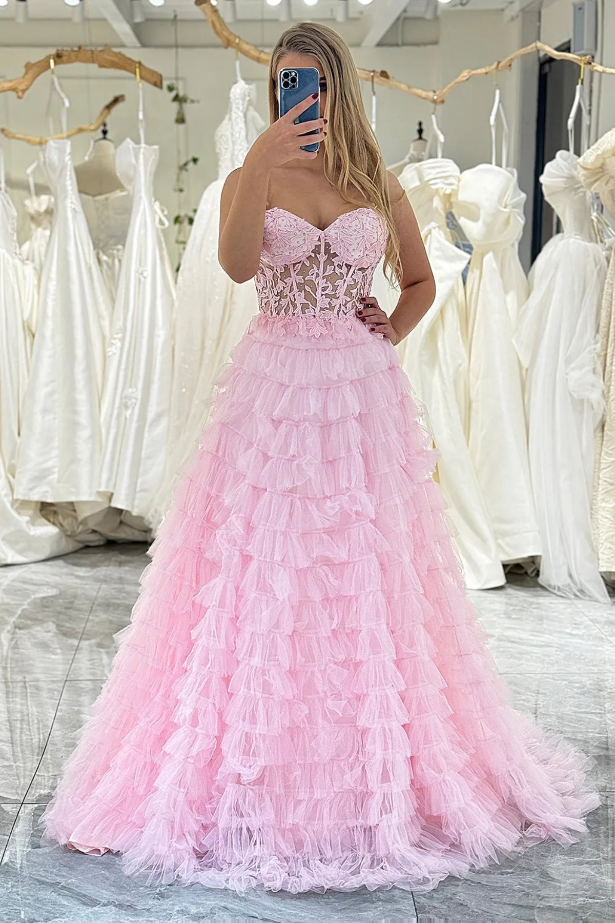 Pink Tulle A Line Open Back Layered Lace Long Prom Dresses, Pink Lace Lwt Dress Pink Tulle A Line Open Back Layered Lace Long Prom Dresses, Pink Lace Lwt Dress