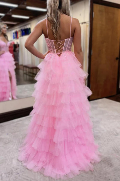 Pink Tulle A Line Open Back V Neck Beaded Long Prom Dresses, Long Pink Formal Graduation Evening Dresses WT1463