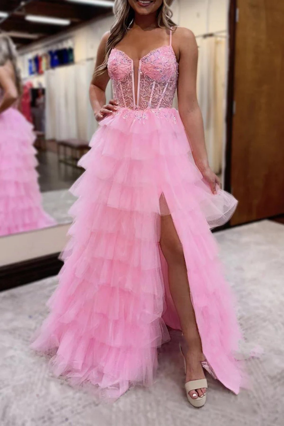 Pink Tulle A Line Open Back V Neck Beaded Long Prom Dresses, Long Pink Formal Graduation Evening Dresses WT1463
