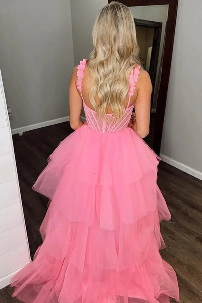 Pink Tulle A Line Spaghetti Straps Open Back Long Prom Dresses with High Slit, Pink Formal Graduation Evening Dresses with Appliques WT1642