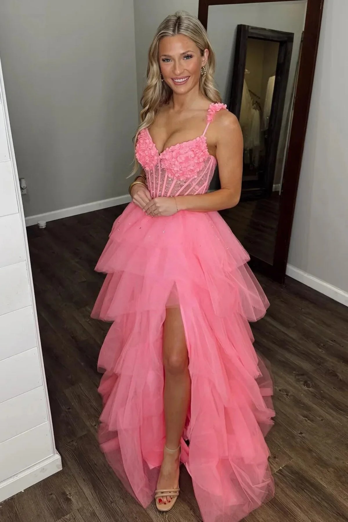 Pink Tulle A Line Spaghetti Straps Open Back Long Prom Dresses with High Slit, Pink Formal Graduation Evening Dresses with Appliques WT1642