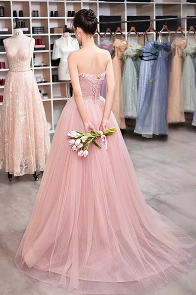 Pink Tulle A Line Strapless Long Prom Dresses, Strapless Pink Formal Graduation Evening Dresses WT1308