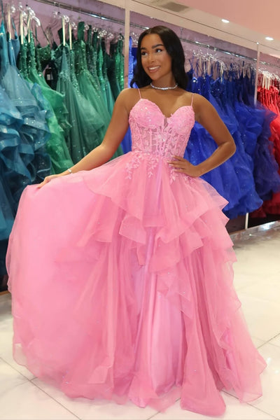 Pink Tulle A Line V Neck Lace Long Prom Dresses, Pink Lace Formal Dresses, Pink Evening Dresses WT1716