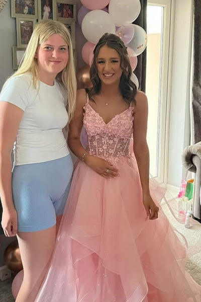 Pink Tulle A Line V Neck Lace Long Prom Dresses, Pink Lace Formal Dresses, Pink Tulle Evening Dresses WT1753