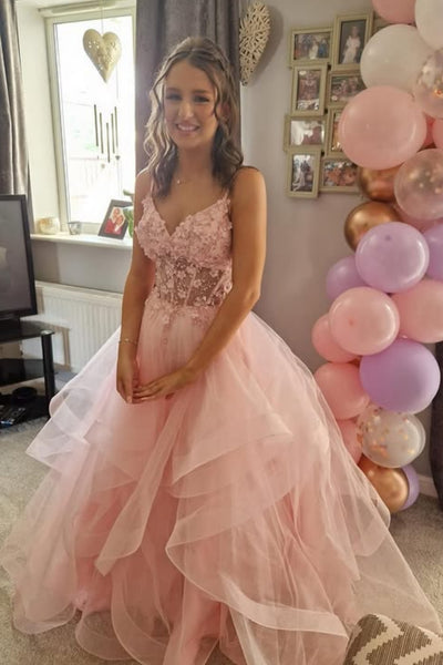 Pink Tulle A Line V Neck Lace Long Prom Dresses, Pink Lace Formal Dresses, Pink Tulle Evening Dresses WT1753