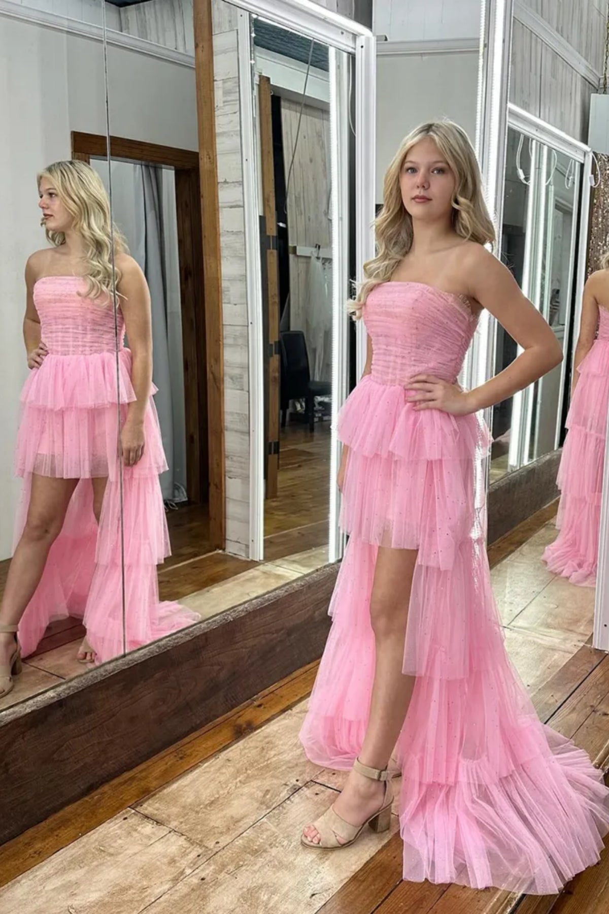 Pink Tulle High Low Strapless Layered Long Prom Dresses, High Low Pink Formal Dresses, Sparkly Pink Evening Dresses WT1502