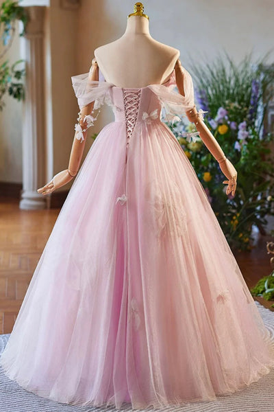 Pink Tulle Off Shoulder Floor Length Long Prom Dresses with Bow Appliques, Off the Shoulder Pink Formal Graduation Evening Dresses WT1551