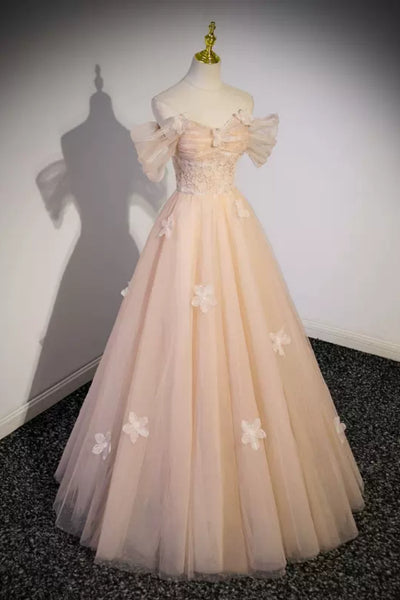 Pink Tulle Off Shoulder Floral Long Prom Dresses, Off the Shoulder Pink Formal Dresses, Pink Floral Evening Dresses WT1263