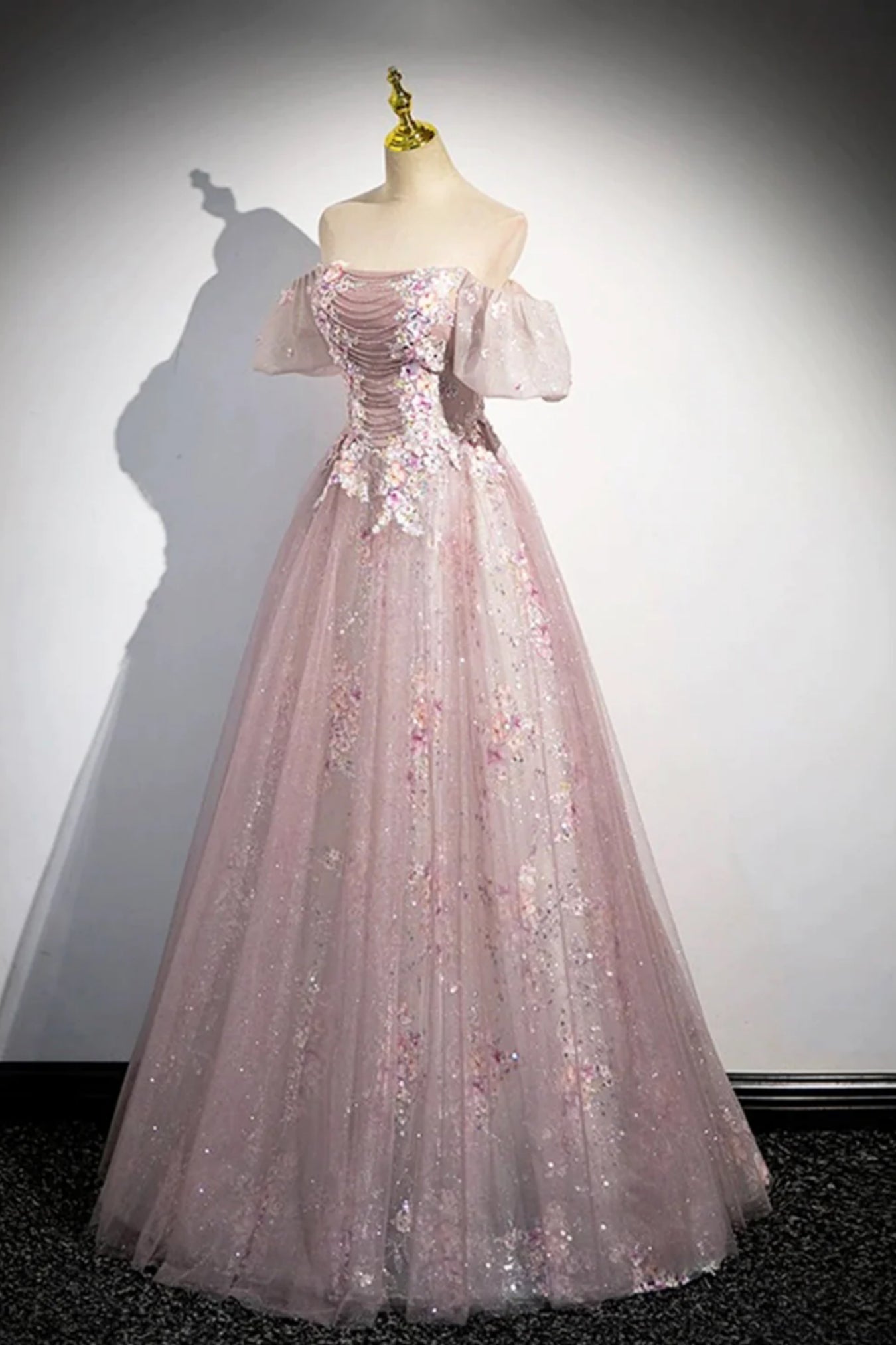 Pink Tulle Lace Applique Flowers Off Shoulder Long Party Dress, Pink A-line Prom Dress