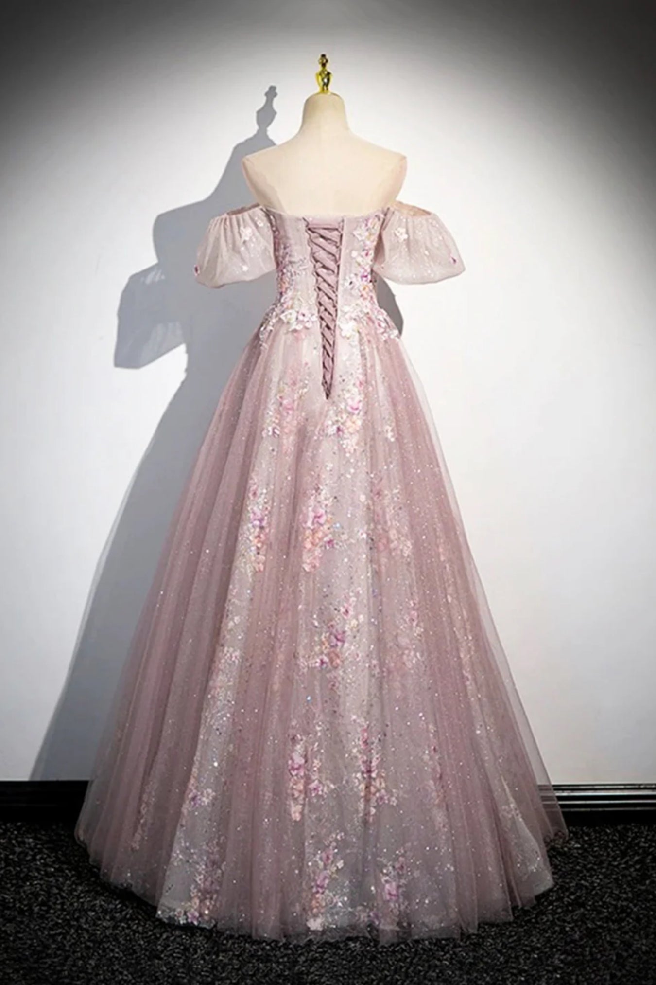 Elegant Pink Strapless Lace Applique Prom Gown Slim Fit Tulle Evening Dress,OLP1849