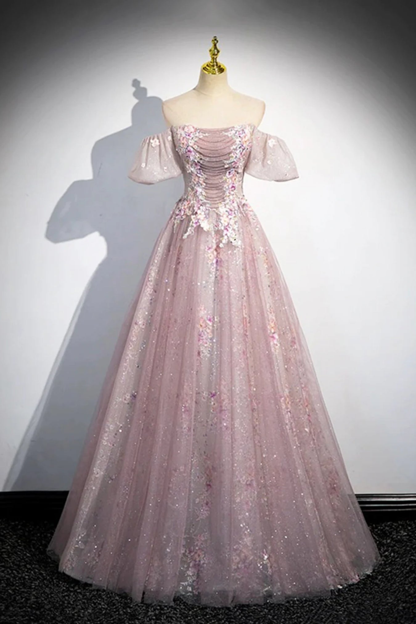 Pink Tulle Off Shoulder Lace Long Prom Dresses with Appliques, Pink La Lwt Dress Pink Tulle Off Shoulder Lace Long Prom Dresses with Appliques, Pink La Lwt Dress