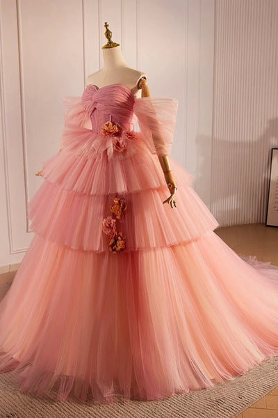 Pink Tulle Off Shoulder Layered Floral Long Prom Dresses, Off the Shoulder Pink Formal Evening Dresses, Pink Ball Gown WT1403