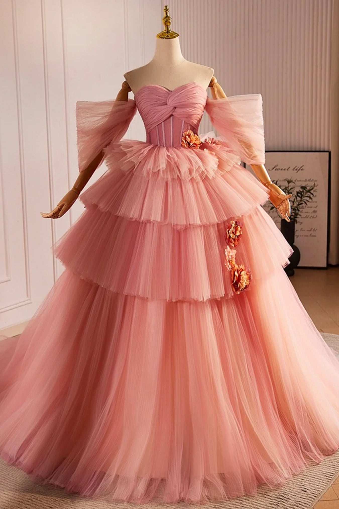 Pink Tulle Off Shoulder Layered Floral Long Prom Dresses, Off the Shoulder Pink Formal Evening Dresses, Pink Ball Gown WT1403