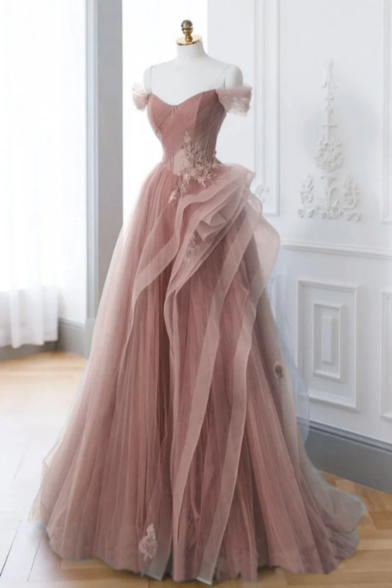 Pink Tulle Off Shoulder Long Prom Dresses With Lace Appliques, Off The ...