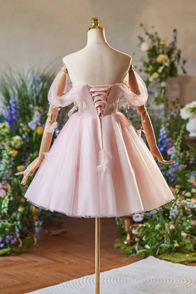 off the shoulder pink hoco dress Women Ruffles Sleeve off the Shoulder Pink Homecoming Dresses,DS4773 DSProm