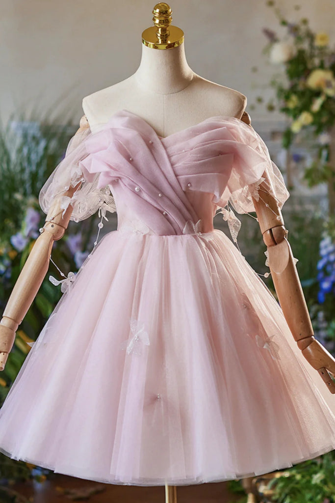 Pink Tulle Off the Shoulder Short Prom Dresses with Pearls, Off Should Lwt Dress Pink Tulle Off the Shoulder Short Prom Dresses with Pearls, Off Should Lwt Dress