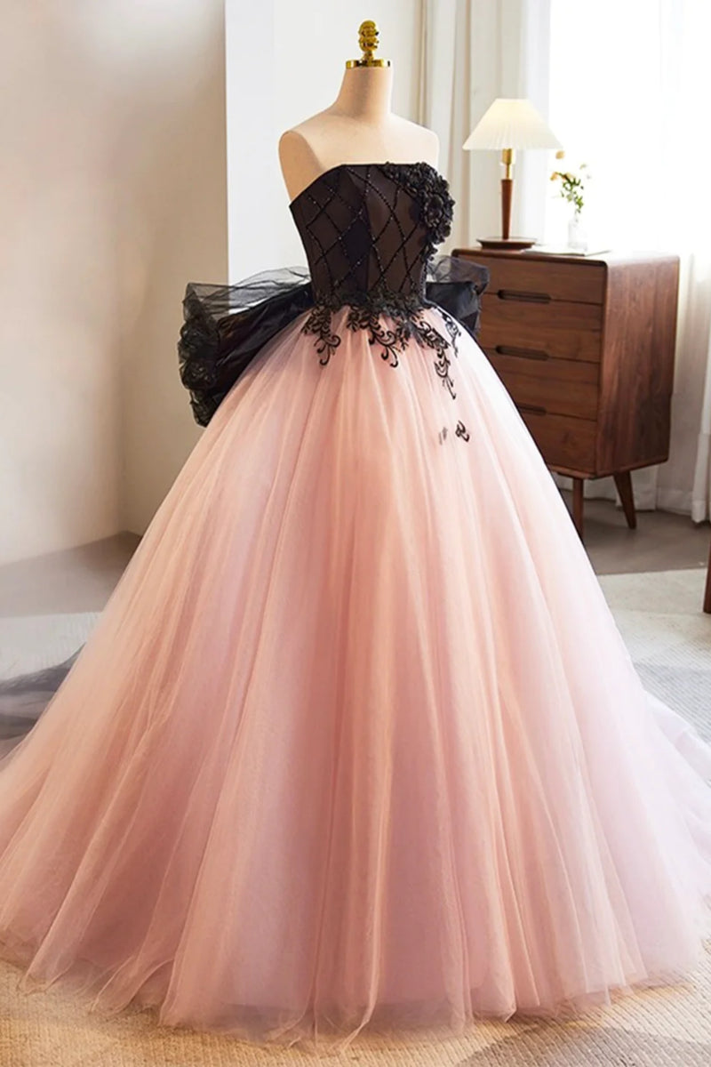 Pink Tulle Strapless Black Lace Long Prom Dresses, Pink Formal Dresses
