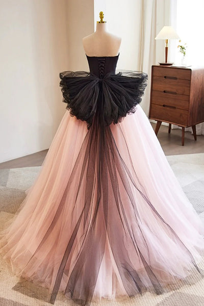 Pink Tulle Strapless Black Lace Long Prom Dresses, Pink Formal Dresses with Black Appliques, Pink Evening Dresses WT1439