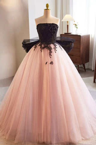 Pink Tulle Strapless Black Lace Long Prom Dresses, Pink Formal Dresses with Black Appliques, Pink Evening Dresses WT1439