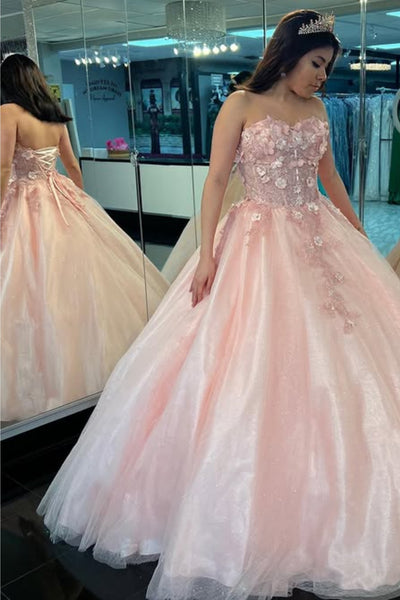 Pink Tulle Strapless Floral Lace Long Prom Dresses, Pink Formal Evening Dresses with 3D Flowers, Floral Ball Gown WT1791