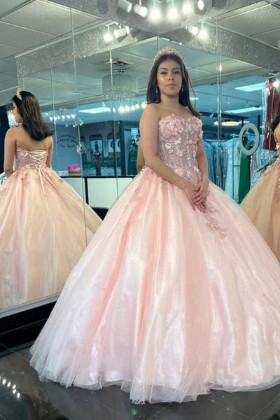 Pink Tulle Strapless Floral Lace Long Prom Dresses, Pink Formal Evening Dresses with 3D Flowers, Floral Ball Gown WT1791