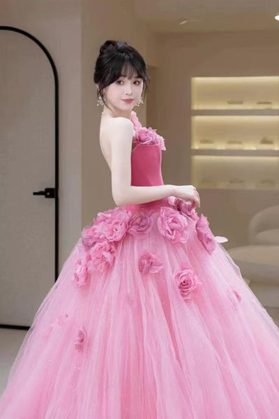 Pink Tulle Strapless Floral Long Prom Dresses with Velvet Top, Pink Formal Evening Dresses with 3D Flowers, Ball Gown WT1635