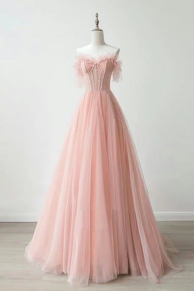 Pink Tulle Strapless Lace Long Prom Dresses, Pink Lace Formal Dresses, Long Pink Evening Dresses WT1323