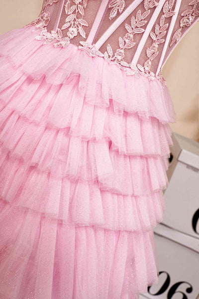 Pink Tulle Strapless Layered Lace Short Prom Dresses, Pink Lace Homecoming Dresses, Pink Formal Graduation Evening Dresses WT1291