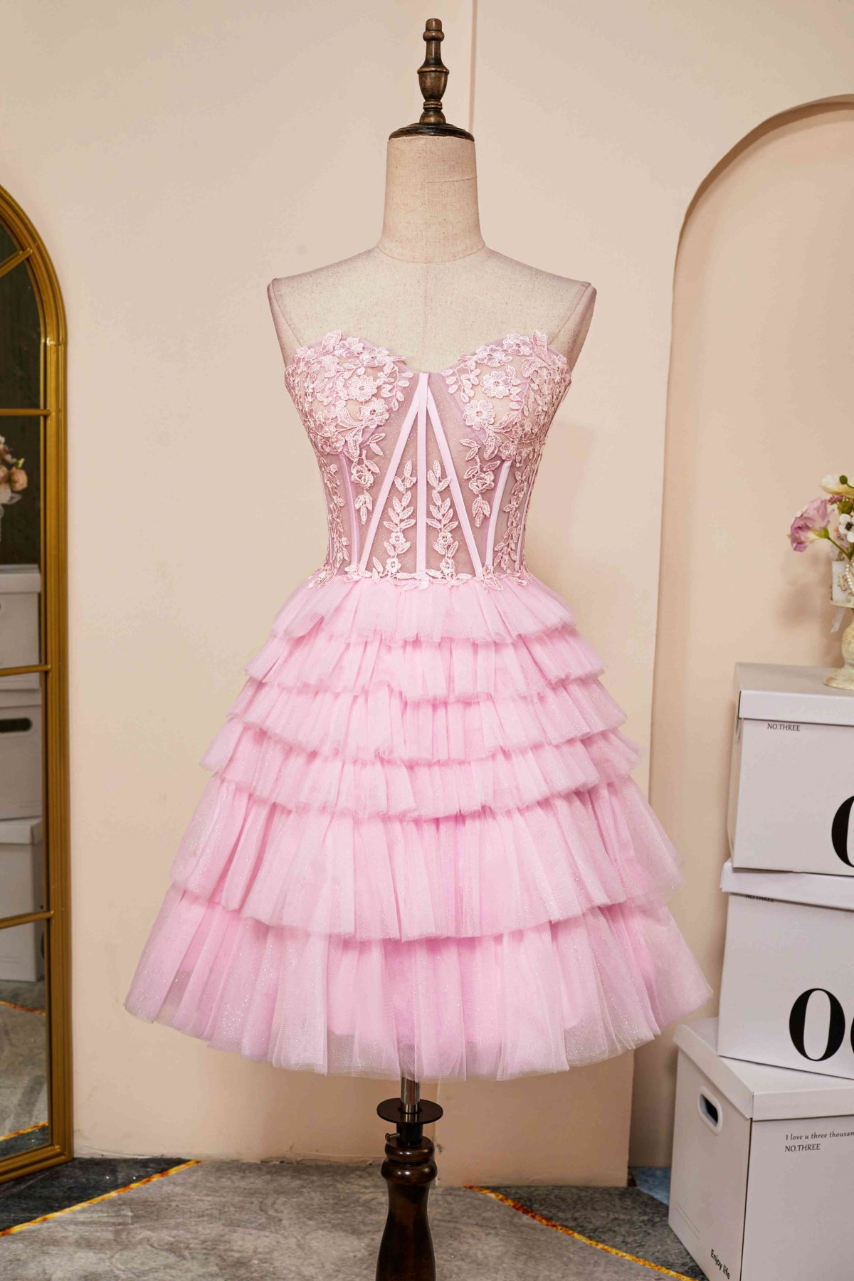 Pink Tulle Strapless Layered Lace Short Prom Dresses, Pink Lace Homecoming Dresses, Pink Formal Graduation Evening Dresses WT1291