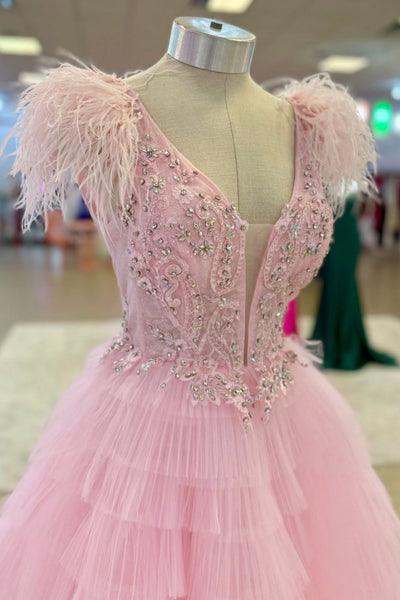 Pink Tulle V Neck Beaded Long Prom Dresses with Feather, Pink Formal Graduation Evening Dresses with Beadings WT1732