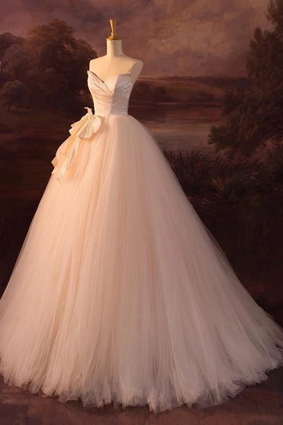 Pink Tulle V Neck Open Back Strapless Long Prom Dresses, Pink Tulle Formal Evening Dresses, Pink Ball Gown WT1371