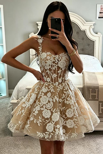 Pretty Champagne Lace Short Prom Dresses, Champagne Lace Homecoming Dresses WT1830