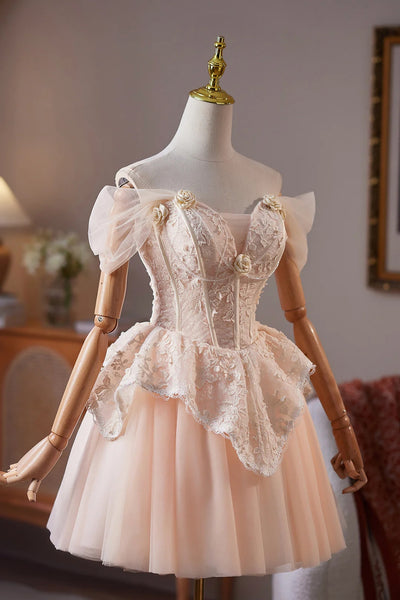 Pretty Off the Shoulder Champagne Lace Short Prom Dresses, Champagne Lace Homecoming Dresses, Off the Shoulder Lace Formal Graduation Evening Dresses WT1651