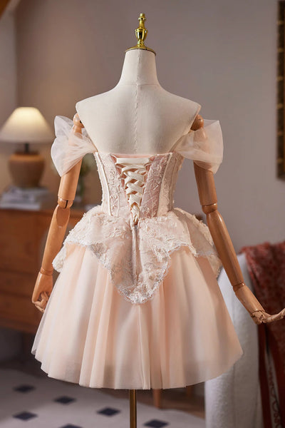 Pretty Off the Shoulder Champagne Lace Short Prom Dresses, Champagne Lace Homecoming Dresses, Off the Shoulder Lace Formal Graduation Evening Dresses WT1651