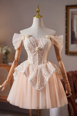 Pretty Off the Shoulder Champagne Lace Short Prom Dresses, Champagne Lace Homecoming Dresses, Off the Shoulder Lace Formal Graduation Evening Dresses WT1651