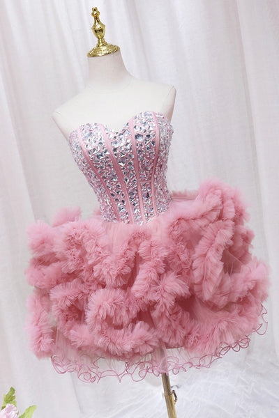 Pretty Strapless Sweetheart Neck Pink Prom Dresses, Short Pink Homecoming Dresses, Pink Formal Evening Dresses WT1249