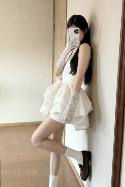 Pretty V Neck White Satin Short Prom Dresses, White Homecoming Dresses Cocktail Dresses WT1831