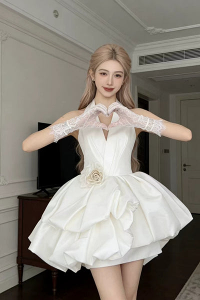Pretty V Neck White Satin Short Prom Dresses, White Homecoming Dresses Cocktail Dresses WT1831