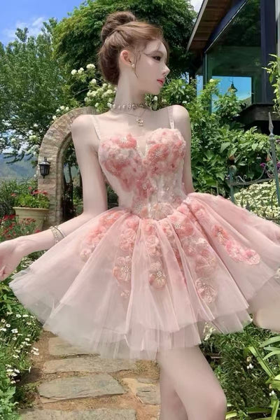 Pricess V Neck Pink Short Prom Dresses with 3D Flowers, Pink Floral Homecoming Dress WT1827