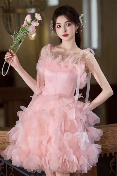 Princess A Line Spaghetti Straps Pink Short Prom Dresses, Pink Homecoming Dresses WT1639