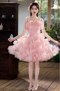 Princess A Line Spaghetti Straps Pink Short Prom Dresses, Pink Homecoming Dresses WT1639