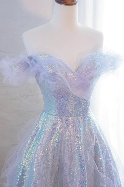 Princess Lilac Sequins Off Shoulder Long Prom Dresses, Off the Shoulder Formal Dresses, Lilac Evening Dresses WT1397