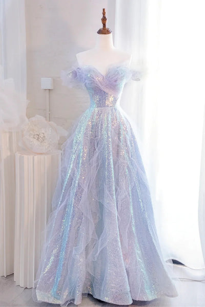 Princess Lilac Sequins Off Shoulder Long Prom Dresses, Off the Shoulder Formal Dresses, Lilac Evening Dresses WT1397