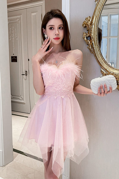 Princess Strapless Black/Pink/White Lace Short Prom Dresses with Feathers, Lace Homecoming Dresses WT1838