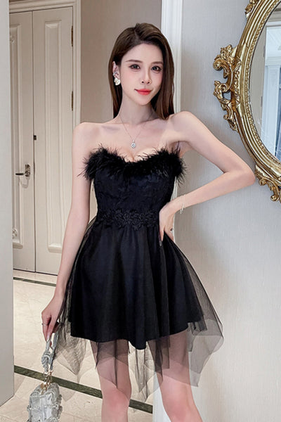 Princess Strapless Black/Pink/White Lace Short Prom Dresses with Feathers, Lace Homecoming Dresses WT1838