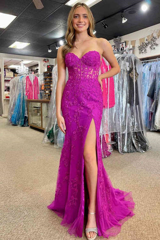Purple/Black Strapless Mermaid Lace Long Prom Dresses, Purple/Black Lace Formal Graduation Evening Dresses with High Slit WT1342