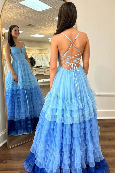 Purple/Blue/Pink A Line V Neck Backless Ombre Long Prom Dresses with High Slit, Purple/Blue/Pink Formal Graduation Evening Dresses WT1507