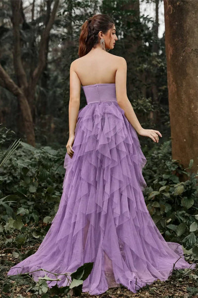 Purple/Burgundy Tulle Strapless Ruffle Long Prom Dresses with High Slit, Purple/Burgundy Formal Graduation Evening Dresses WT1743