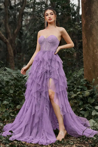 Purple/Burgundy Tulle Strapless Ruffle Long Prom Dresses with High Slit, Purple/Burgundy Formal Graduation Evening Dresses WT1743